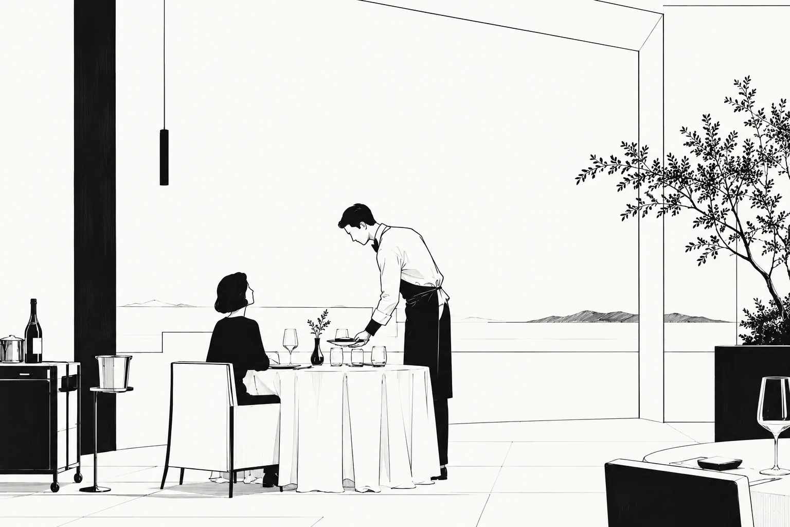 A server looks after guests in a dining room overlooking the sea.